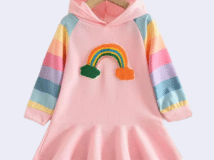 Rainy Cream/Rainbow & Pink/Rainbow Colour Dress With Hood – Elegant Special Occasion Wear for Girls
